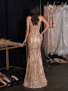 ADYCE Elegant Luxury Thick Strap Waisted Backless Bodycon Tie-Back Sequin Rhinestone High-Slit Prom Gown Homecoming Wedding Guest Formal Dinner Christmas - Champagne - View 2