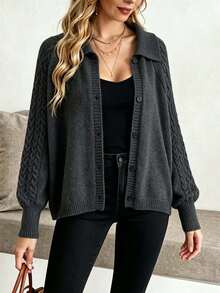 Sweater Kardigan Kancing Lengan Kelelawar Longgar Kerah Syal Rajut Kabel Tali Kepang Warna Polos Ukuran Besar, Musim Gugur/Dingin - Dark Grey - View 2
