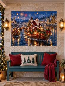 1PC Santa Christmas Lantern Harbor Festival Horizontal Wall Tapestry, Gift Boat Snowy Village Holiday Backdrop, Faux Ultra-Soft Polyester Single-Sided Print, White Overlock Edge, Multiple Sizes - Multicolor - View 5