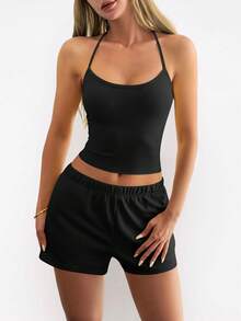 GLAMSKIN Women's Summer/Autumn Basic 2 Pieces Set, Spaghetti Strap Camisole + Drawstring Shorts, Back To School, Outing, Beach Outfit Black Elegant - Black - View 11