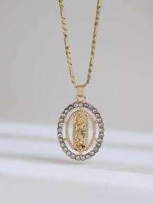 Multi-Style Zirconia Encrusted Oval Virgin Mary Pendant, Gold Plated Religious Catholic Jewelry, Faith Statement Ornament For Girls Holiday Gift - Virgin Mary - View 6