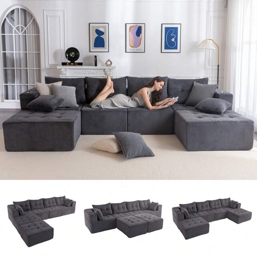 Sofá modular Cloud, sofá moderno y cómodo de pana para la sala de estar, sillón reclinable con reposapiés, sofá en caja, no requiere montaje. - Gris - Ver 1