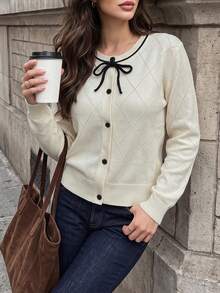 Women's Fall Winter Cream Bow Neck Knit Cardigan, Long Sleeve Diamond Hollow Out Sweater, Button Front Casual Knit Jacket For Daily& Date - Apricot - View 7
