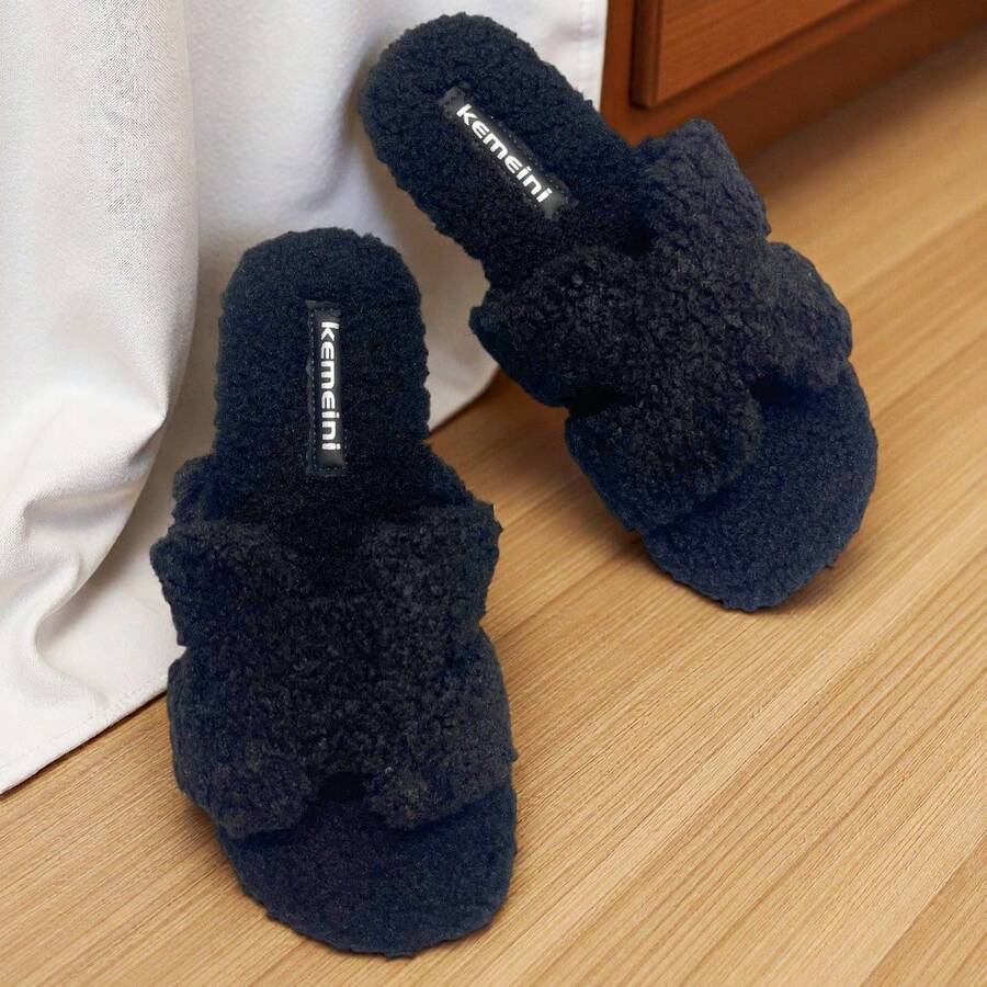 Women's Black Flat Open Toe Fuzzy Slippers, Autumn/Winter New Style, Low Heel Plush Slippers, Lightweight Comfortable Warm Fuzzy Slip-On Open Toe Open Back Slippers - Black - View 1