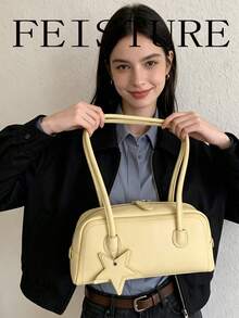 1pc FEISTURE Spring/Summer New PU Bowling Bag, Fashionable Star Shoulder Bag, Zipper Closure, (Follow Store To Get Star Pendant), Suitable For Girls, Women, College Students, Young Professionals, Great For Work, Business, Commute, School - Yellow - View 2