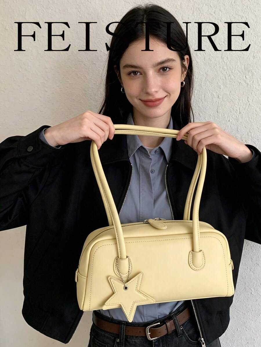 1pc FEISTURE Spring/Summer New PU Bowling Bag, Fashionable Star Shoulder Bag, Zipper Closure, (Follow Store To Get Star Pendant), Suitable For Girls, Women, College Students, Young Professionals, Great For Work, Business, Commute, School