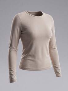 Women's Solid Color Round Neck Long Sleeve Thermal Base Layer Top - Khaki - View 6
