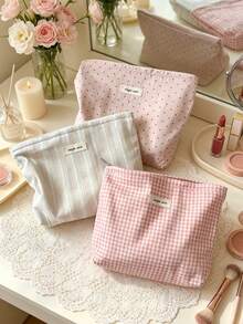 1pc Sweet Pink Cosmetic Bag For Women Soft Fabric Zipper Makeup Organizer Large Capacity Make Up Pouch Jacquard Clutch Pouch Grid & Strip Toiletry Bag - Multicolor - View 4
