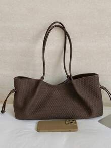 Women's Faux Leather Woven Tote Handbag, Drawstring Ruched Large Capacity Daily Shoulder Bag, Commute Casual Versatile Women's Bag, Without Pendant - Coffee - View 7