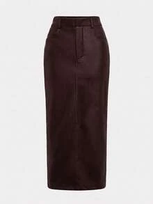 Elegant Commuter Daily Business Old Money Style Leather High Cinched Waist Bodycon Faux Leather Midi Skirt Brown - Brown - View 6