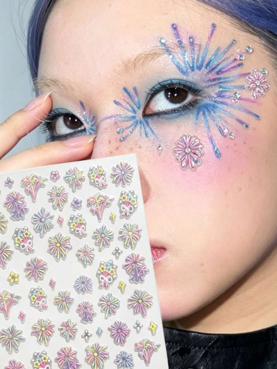 1pc Autumn/Winter New Colorful Fireworks Face Stickers, Y2K Gothic Style, Suitable For Facial Decoration And Embellishment, Create Unique Style, Perfect For Christmas, Concerts And Other Parties - Multicolor - View 1