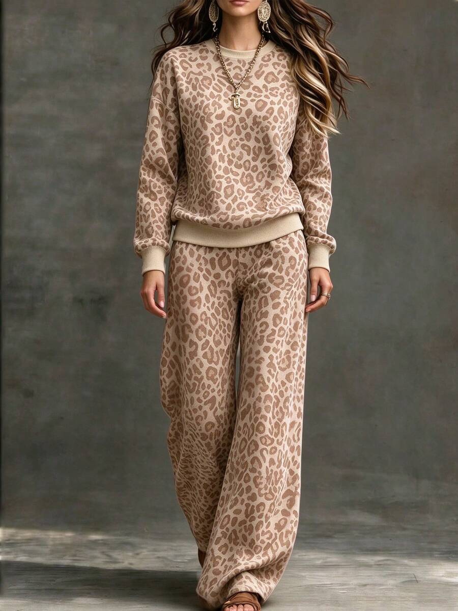 2026 Women's Autumn/Winter New Lazy Relaxed Style Knit Loose Elegant Two Pieces Set, Coffee Color Leopard Print Outfit, Knit Loose Round Neck Long Sleeve Top + Wide Leg Pants Leopard Print Set, Suitable For Commuting, Casual, Daily Wear, Street Outings, Office Commute, Shopping, Dating And Other Occasions - Multicolor - View 1