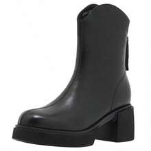 Women's Plus Size All-Season Boots, British Style Thick Sole Back Zipper Design Mid-Calf Motorcycle Boots, Versatile Fashion Ankle Boots Suitable For All Seasons - Black - View 6