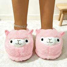 Cute 3D Cartoon Alpaca Plush Slippers For Women, Soft Furry Open Toe Slip-On Slippers, Non-Slip Bedroom Indoor Winter Shoes - Pink - View 3