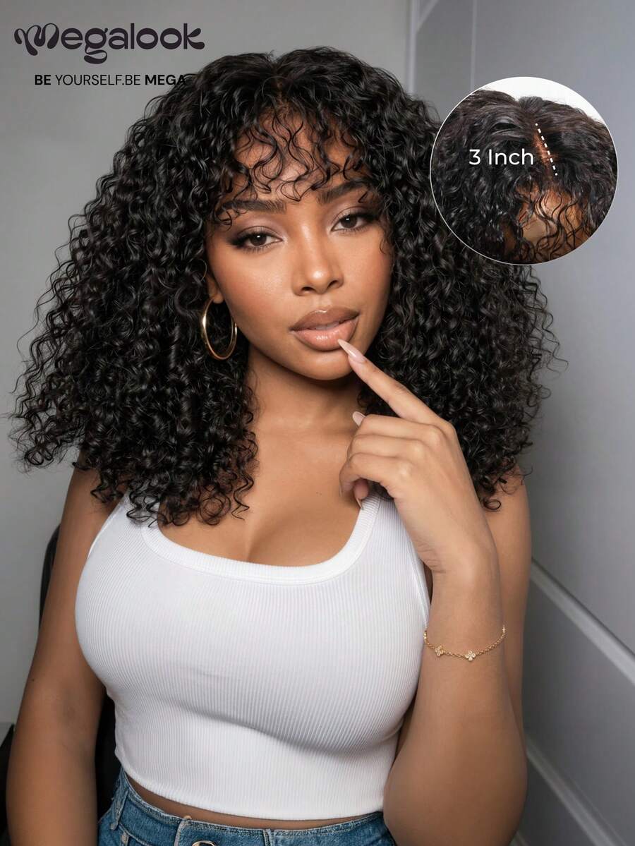 MEGALOOK 3X2 Lace Closure Wig, Deep Curly Transparent Lace, 100% Human Hair, Natural Color, Middle Part, Pre-Plucked Hairline, Bleached Knots, 200% Density, Glueless, Beginner Friendly - SNatural - View 1