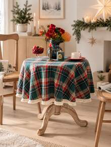 Round Christmas Plaid Tablecloth Red Green Tartan With Tassel Fringe Edge, Scandinavian Style Holiday Dining Table Cover, Cozy Winter Home Decor - Green - View 3