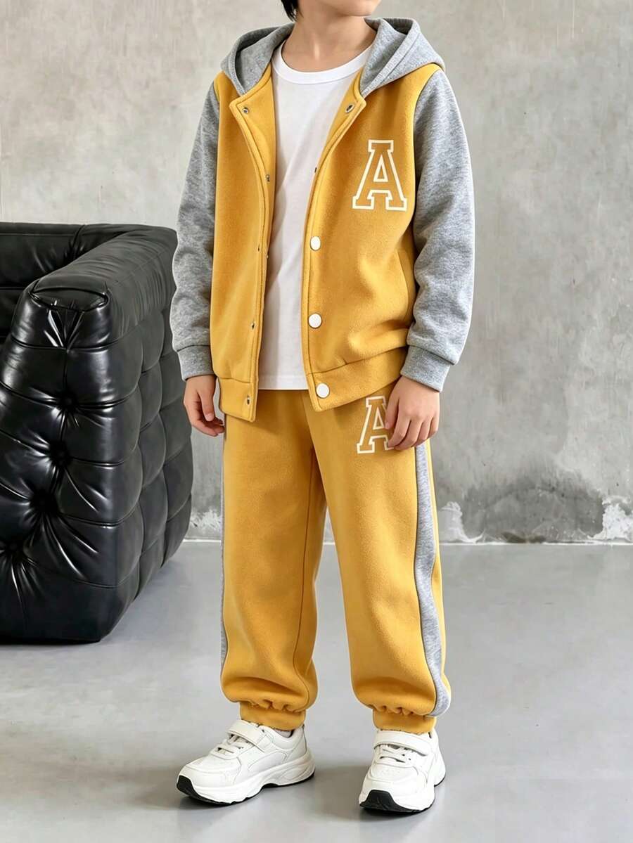 Tween Boy Letter Print Colorblock Hooded Baseball Jacket And Pants Casual Set - Yellow - View 1