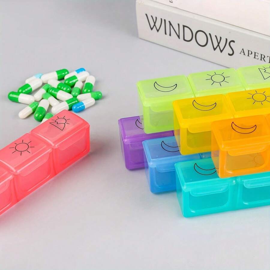 1pc 7/28 7/21 7-Compartment Portable Mini Pill Box, Small Travel Pill Organizer With 3-Section Storage, Morning/Night Separation Design, Suitable For Vitamins, Fish Oil And Small Dose Medications, Weekly Use, Portable And Easy To Store/Christmas Gift, Winter Essential - one-size - View 1