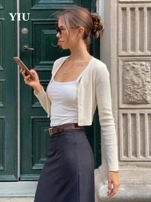 كارديجان قصير بلون كريمي للنساء من YIU LUMOS، بياقة دائرية وزر واحد وأكمام طويلة مضلعة، جاكيت بوليرو بأسلوب كوكيت حلو للاستخدام اليومي والطبقات في الخريف والشتاء - أصفر فاتح - مشاهدة 2
