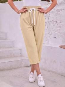 Jisfaneya Women's Plus Size Casual Solid Color Capris, Elastic Waistband With Drawstring And Pockets - Khaki - View 2