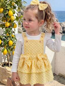 Baby Girl Gentle Princess 3-Piece Outfit Set: Ruffle Flutter Sleeve Ribbed Long Sleeve Inner Top + Double-Sided 3D Big Bow Decor Plaid Double Layer Cake Bustier Strap Dress + Matching Same Color Bow Hair Accessory Set - Yellow - View 2
