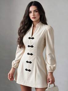 2026 Solid Color Woven Fabric Faux Button Bow Dress For Evening Date, College, Vacation, Spring/Summer - Apricot - View 5