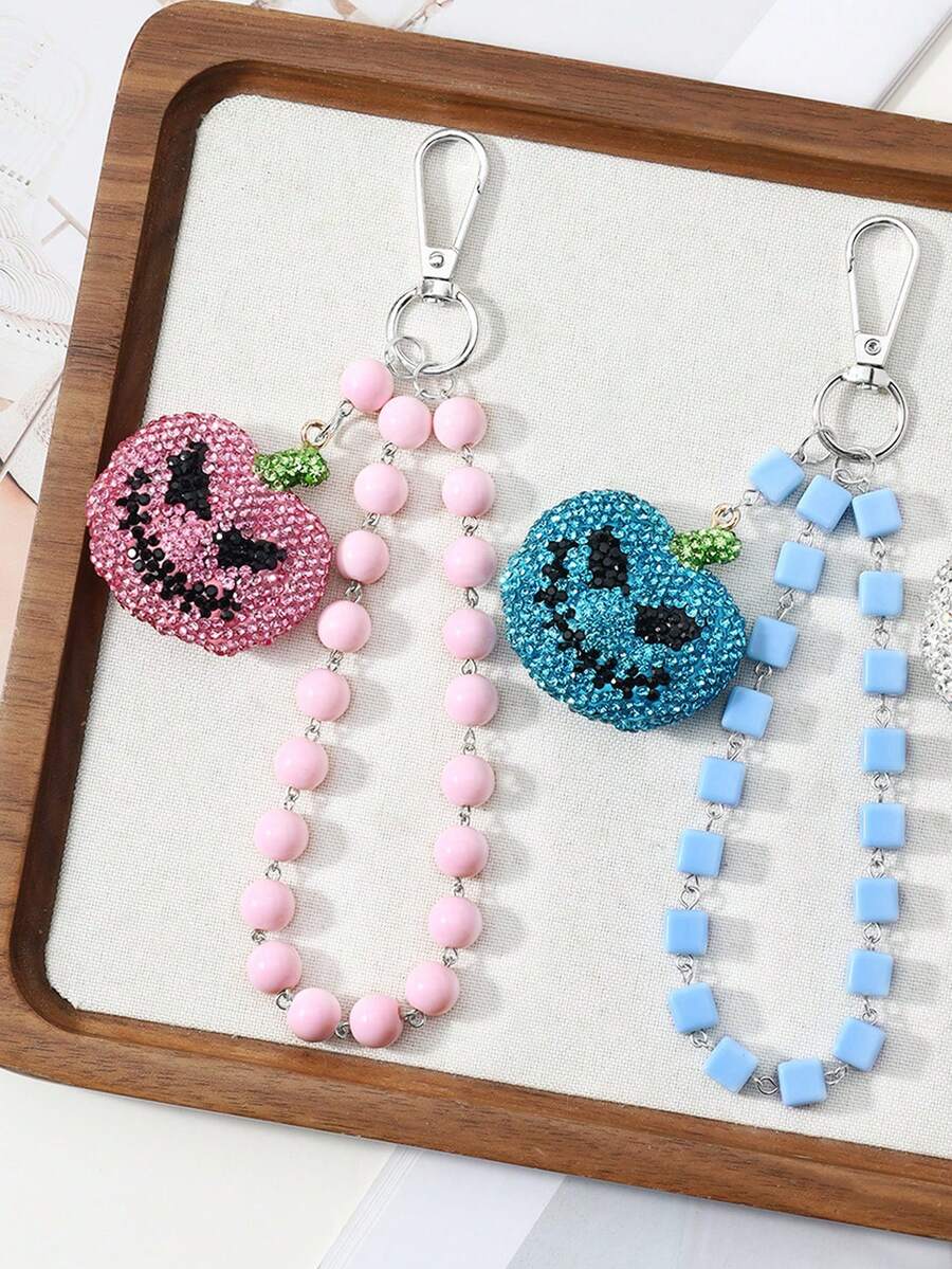 1pc Halloween Series Multi-Color Square Chain Beaded Cross & Pumpkin Keychain Bag Pendant - Multicolor - View 1