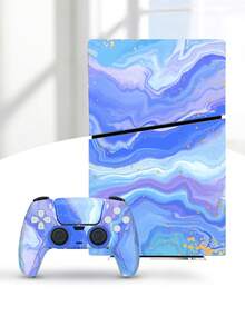 6pcs Blue & Purple Fluid Gold Pattern P5 Slim Game Console Optical Drive Version Stickers, Dust-Proof & Wear-Resistant - View 2
