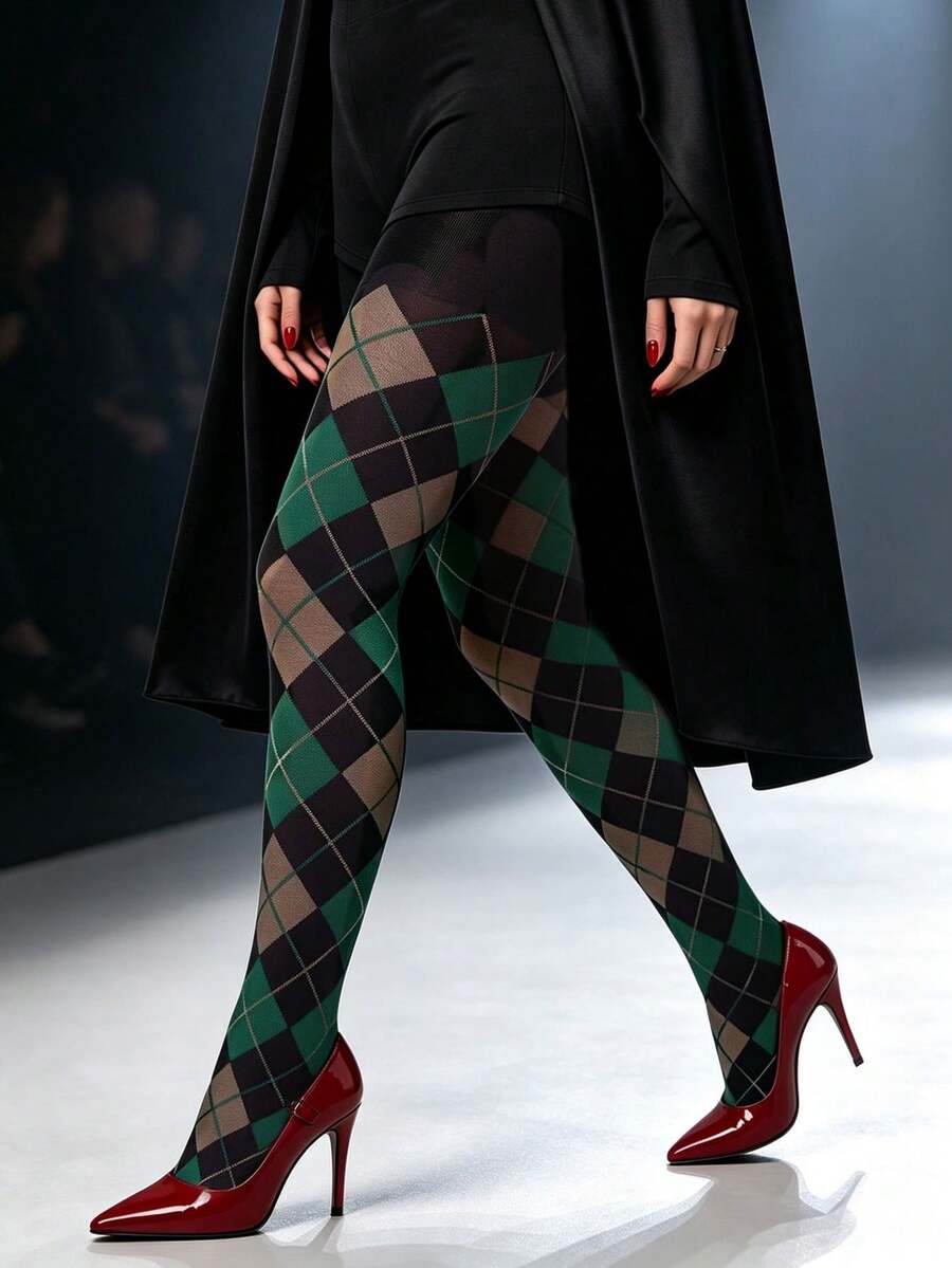 1 Pair Argyle Pattern Tights, Autumn/Winter Retro Green & Brown Diamond Check Elastic Full Foot Tights, Preppy Style - Multicolor - View 1