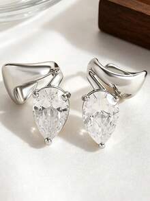 Simple Exquisite Charming Water Drop Cubic Zirconia Copper Ear Clips Without Piercings Left/Right Ear Designs, Earrings For Women Jewelry - Silver - View 3