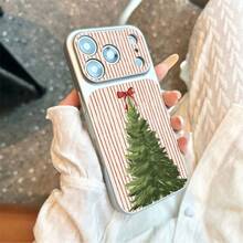 1pc TPU Material Vintage Striped Christmas Tree & Bow Pattern Phone Case Compatible With IPhone 17 Pro Max/17/16 Pro Max/15/14/13/12/11 Full Coverage Anti-Drop Soft Shell Protective Cover - Silver - View 4