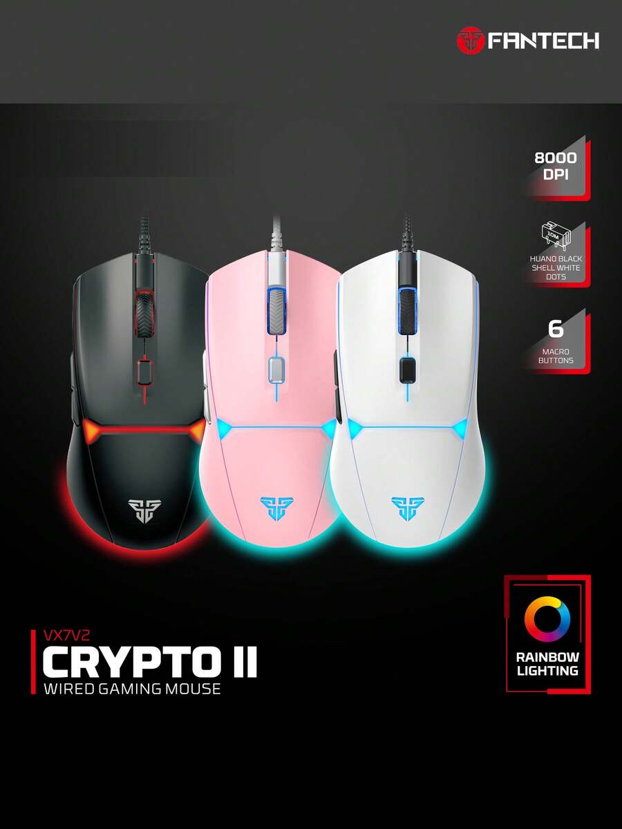 FANTECH VX7V2 Wired Gaming Mouse, RGB Lighting, 6-Key Programmable, 8000 DPI, Symmetrical Anti-Slip Esports Mouse