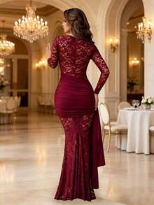 Burgundy Lace Sheer Long Sleeve Mermaid Style Long Dress, Twist Waist Mesh Fitted Long Formal Gown Suitable For Evening Party Wedding - Burgundy - View 2