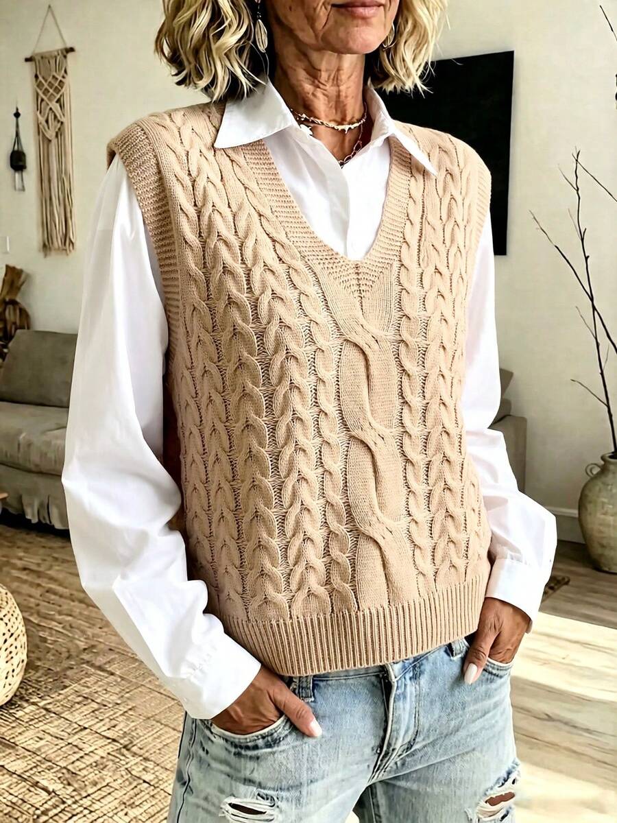 NZZOF V-Neck Knit Sleeveless Sweater Vest, Solid Color Casual Autumn/Winter Knit Vest (Shirt Not Included) - Apricot - View 1