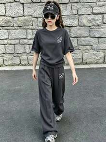 Youth Girl Heart Print Short Sleeve Top And Pants Set - Dark Grey - View 1