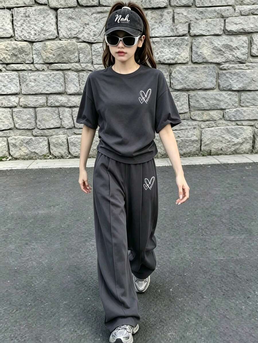 Youth Girl Heart Print Short Sleeve Top And Pants Set - Dark Grey - View 1