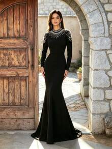 Gaun Panjang Formal Model Duyung Pas Badan dengan Kerah Tegak Elegan Musim Gugur/Dingin, Bordir Mutiara Imitasi Berkilau dan Rhinestone, Lengan Panjang Ketat, Cocok untuk Pesta, Perjamuan, Pernikahan - Hitam - View 5