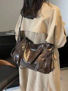 Tas jinjing dengan hiasan paku keling dan jahitan kontras, kapasitas besar, penutup resleting, gaya vintage Amerika yang usang, cocok untuk bepergian, jalan-jalan sehari-hari, dan wanita muda. - Kopi - View 3