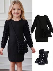 Young Girls Solid Ribbed Bubble Sleeve Knit Dress With Textured Crossbody Bag, Elegant Long Sleeve Puff Sleeve Sweater Dress, Casual Fall Outfits - Black - View 2