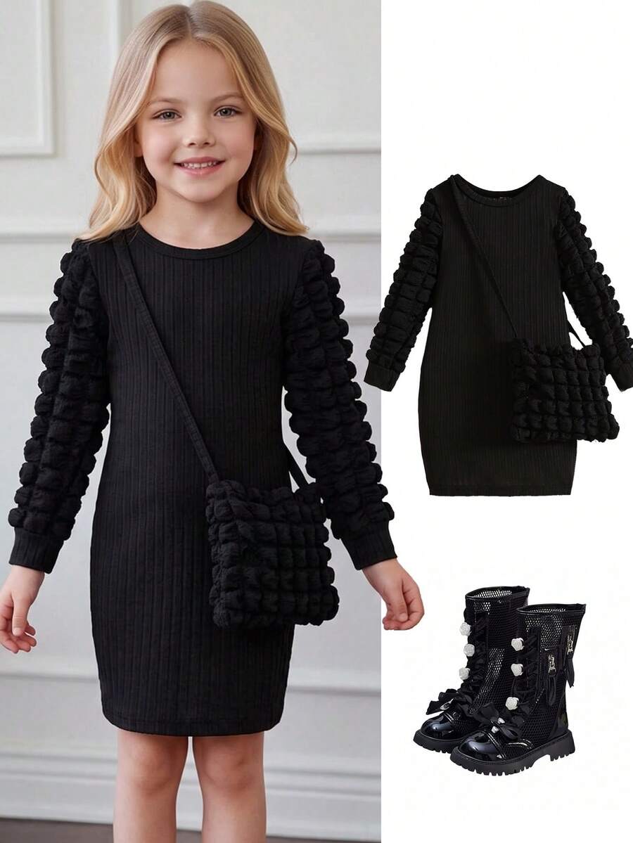 Young Girls Solid Ribbed Bubble Sleeve Knit Dress With Textured Crossbody Bag, Elegant Long Sleeve Puff Sleeve Sweater Dress, Casual Fall Outfits