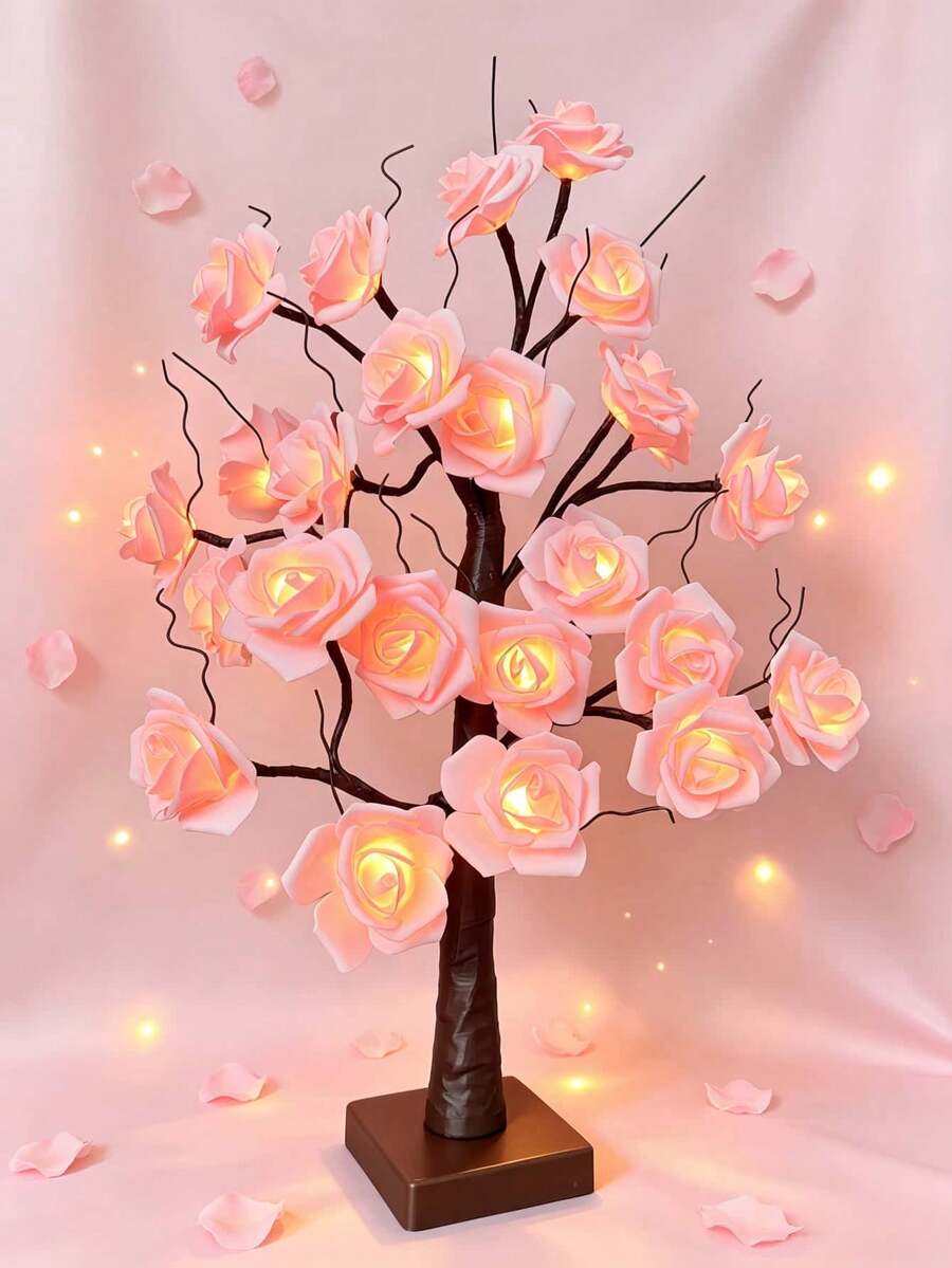 1PC 24LED 60CM Pink Rose Tree Lamp USB & 3AA Battery Operated Table Light For Christmas New Year Bedroom Home Decor