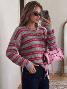 Aflion Women's Fall Winter Grey Red Striped Cropped Knit Sweater, Crew Neck Drop Shoulder Long Sleeve With Pocket, Ribbed Loose Casual Top For Daily Wear - Multicolor - View 8