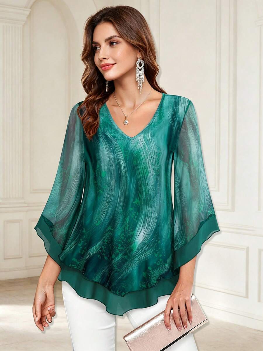 CheersLife Women's Elegant V-Neck Double-Layer Elastic Mesh Casual Flowy Work Blouse With Ruffle Trim, 3/4 Bell Sleeves And Cinched Waist Spring - Cadet Blue - View 1