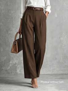 Women's High-Waist Brown Woven Fabric Straight-Leg Pants, With Pockets, Button And Zipper Closure, Suitable For Autumn - Brown - View 2