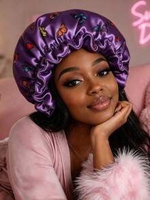 1pc Reversible Double Layer Satin Hair Bonnet For Women, Colorful Butterfly Print Ruffled Trim Sleep Cap, Silky Protective Night Natural Hair - Lace Hat - View 8