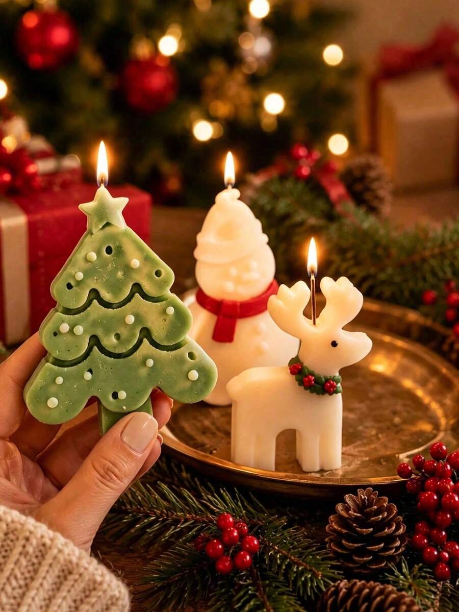 1/3pcs Christmas Silicone Candle Molds, Christmas Tree, Gingerbread Man, Reindeer Shapes, Easy Release And Reusable, DIY Aromatherapy Candles, Plaster, Epoxy Resin Casting Molds, Christmas Table Decor, Holiday Handmade Gift Making - Multicolor - View 1