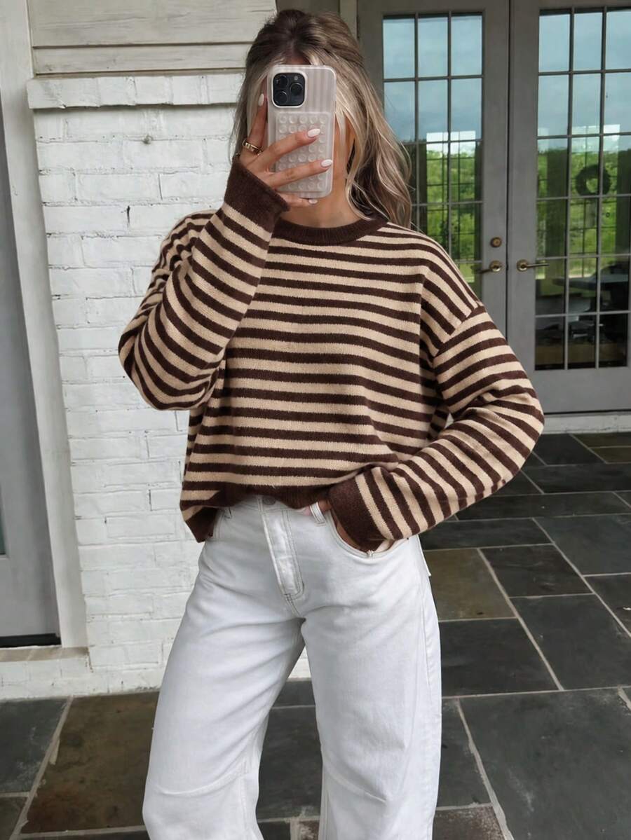 Women's New Burgundy And Light Pink Wide & Narrow Striped Contrast Color Round Neck Sweater - Brown and Beige Color Block - View 1