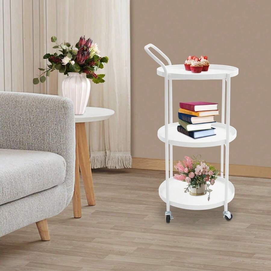 Stylish Metal Frame Rolling Bar Cart With Three Tiers And Universal Wheels For Kitchen And Home Organization - White - View 1