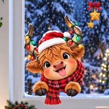 Cute Christmas Highland Cow Window Sticker, Christmas Hat Cow Window Sticker, Colorful Light Static Cling Sticker, No Glue Needed, Christmas Window Decoration, Holiday Glass Decoration - Christmas - View 3