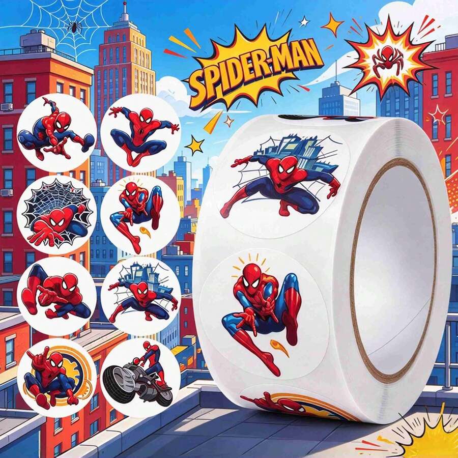 1set/500pcs Spidey Round Roll Stickers With Cute Hero Patterns. Self-Adhesive & Easy To Peel. Great For Kids Reward, Party Favors, Decorating Notebooks, Water Bottles And Gift Packages.(Stochastic Style) - Multicolor - View 1